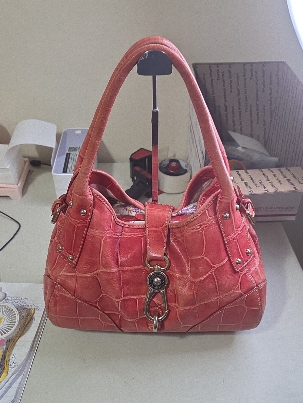 Dooney And Bourke Red Croc-Embossed Leather Shoulder Bag